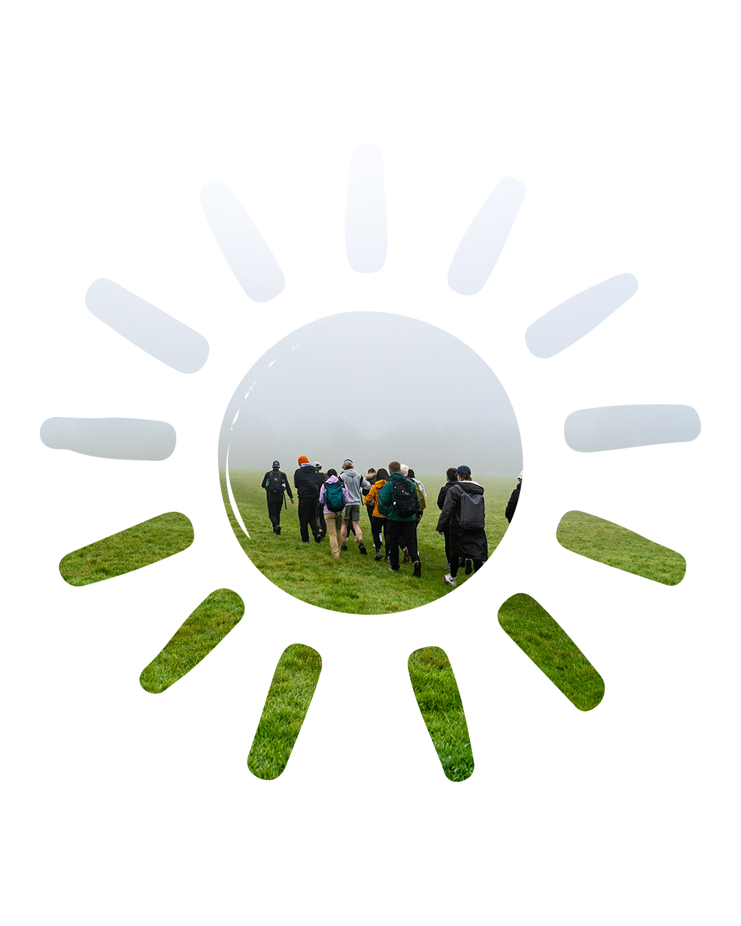 The Mood Booster sun emblem, with a photo of the community walking together set into its centre